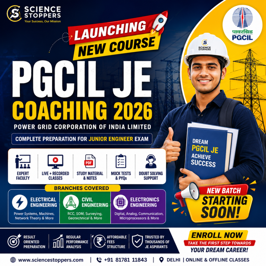 PGCIL JE Coaching 2026 new batch launch advertisement by Science Stoppers for Electrical, Civil, and Electronics Engineering students.